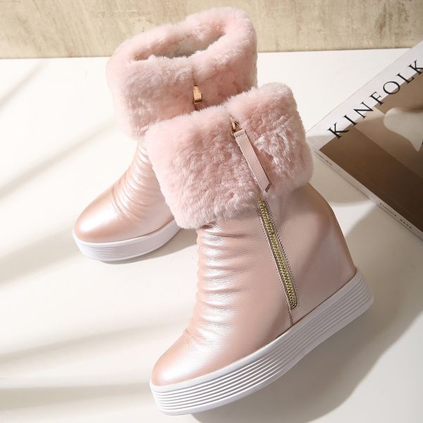 

mezereon women snow boots soft genuine leather woman wedge shoes warm plush inside winter boots height increasing ladies botas, Black