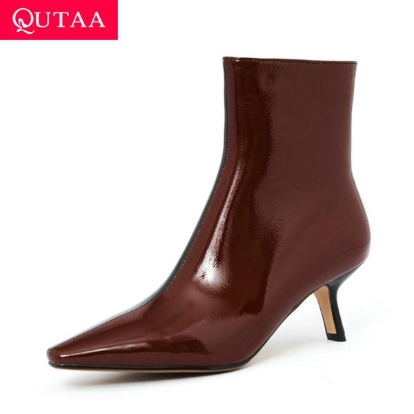 

qutaa 2021 mixed color pu leather ankle boots thin high heel zipper women shoes fashion pointed toe short boots big size 34-43, Black