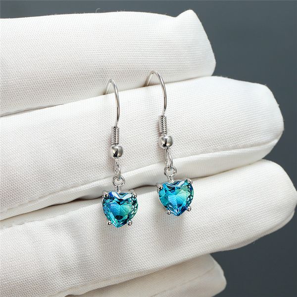 

white gold blue green crystal heart stone dangle earrings for women wedding jewelry female luxury rainbow zircon drop earrings, Silver