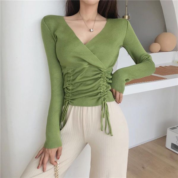 

women's v-neck knitted full sleeve solid cropped sweater shirts girls sweaters pullovers jumpers crop for female, White;black