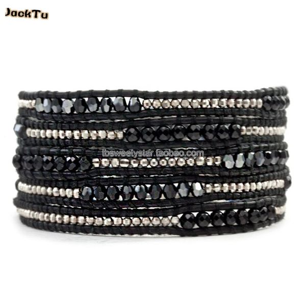 

tennis vintage style black crystal beads leather cord bracelet on, Golden;silver