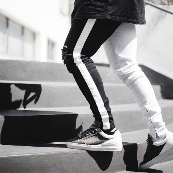 

2020 men stylish ripped jeans pants biker skinny slim straight frayed denim trousers new fashion skinny jeans men clothes, Blue