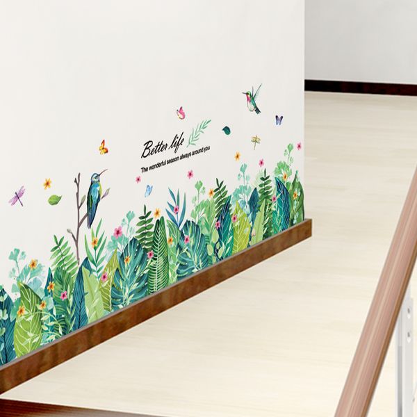 

wall stickers [shijuekongjian] plant leaves sticker diy green grass birds decals for living room kids bedroom house decoration