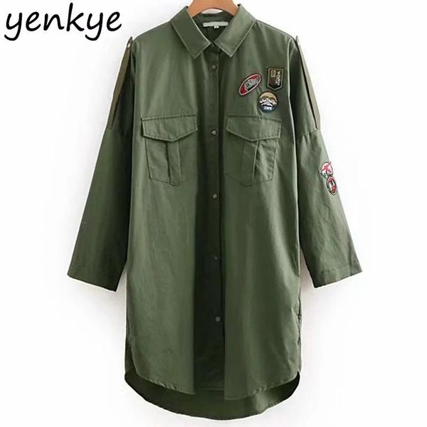 

women patches design army green jacket long female turn-down collar long sleeve relaxed fit -style overshirt plus size, Black;brown