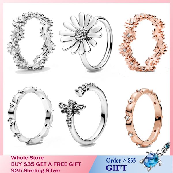 

cluster rings special offer 2021 spring authentic 925 sterling silver ring sparkling daisy flower crown women engagement jewelry, Golden;silver