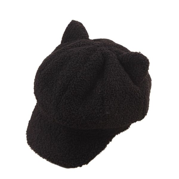 

women girls winter faux wool warm beret cap cute cat ears octagonal pumpkin hat, Blue;gray