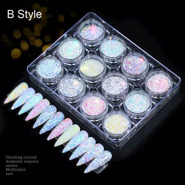 

12pcs/lot nail glitter set a-b-c-d-e-f uv gel powder dust iridescent flakes shining paillette nail art manicure tool 3d glitter, Silver;gold