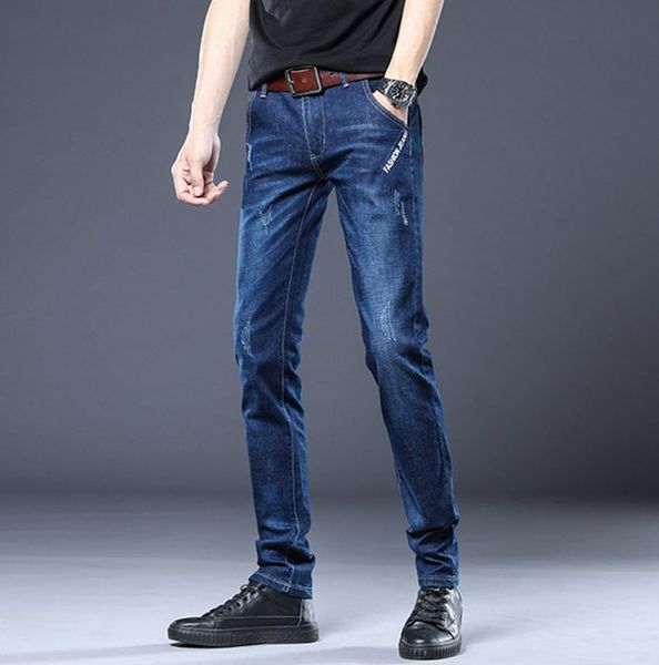 

горячие продажи 2020 весна осень дизайнер роскошные мужские джинсы европейский американский модный бренд стрейч тонкий карандаш брюки печатн, Blue