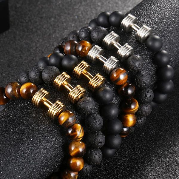 

10mm wide natural stone bead bracelet for men diy mens beads barbell bracelets biker jewelry 316l stainless steel, Black