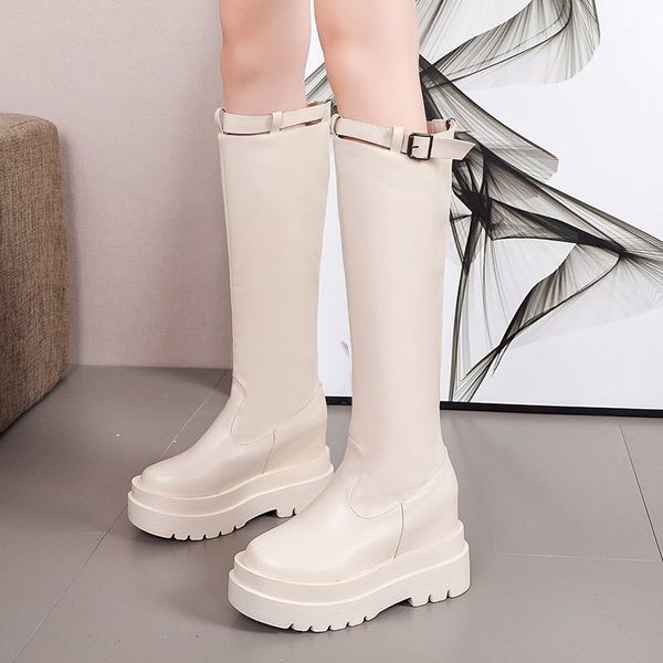 

wedge knee high boots women black beige platform long boots fashion metal buckle height increase thick sole women 2020