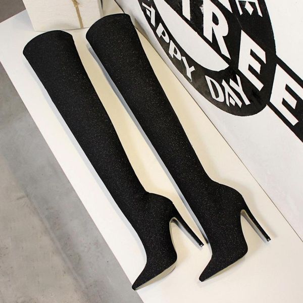 

autumn winter glitter women thigh high boots elegant thin heeled elastic slim over the knee boots high heels sock shoes, Black