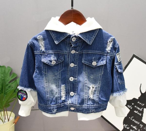 

jackets boy girls denim kids jeans coat children splice outerwear clothing spring autumn hooded sport clothes for 2-7t, Blue;gray