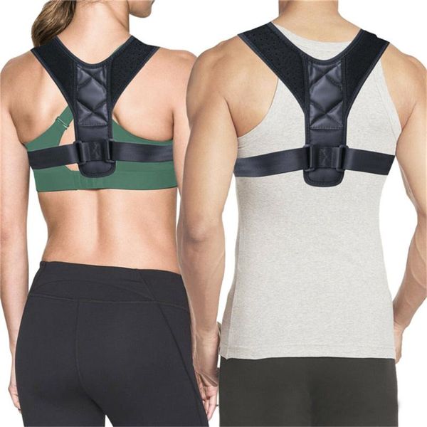 

back support braces belt adjustable posture corrector clavicle spine shoulder lumbar correction health brace, Black;blue