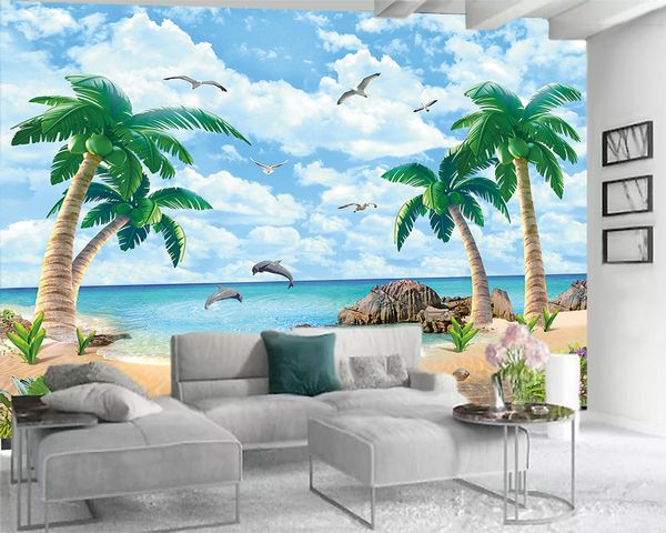 

3d modern wallpaper 3d mural wall paper for living room coconut dolphin beautiful sea view living room bedroom wallcovering hd wallpaper