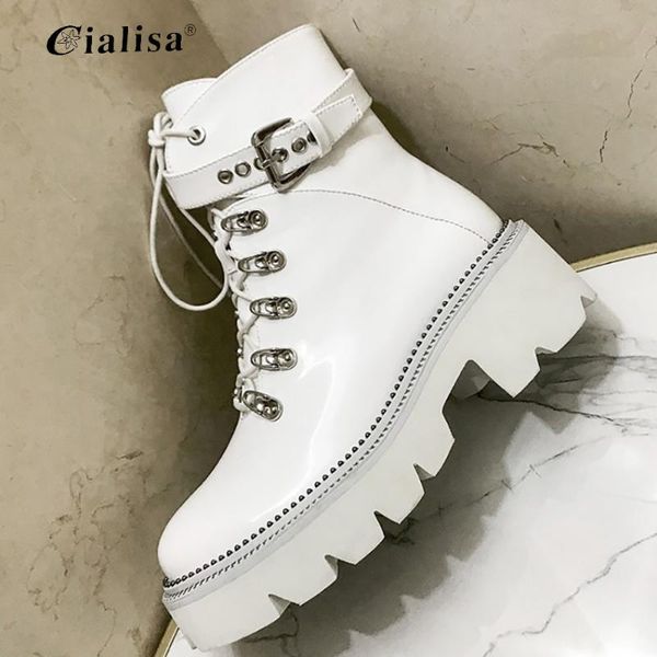 

cialisa women genuine leathe shoes thick heel white ankle boots non-slip square toe 2020 fashion new ankle boot, Black