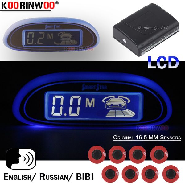 

koorinwoo bright car lcd screen car parking sensors 8 buzzer 12v russian english voice beep front with back alarm parking system