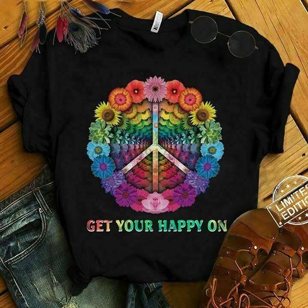 

хиппи цветочная get your счастливые на черном футболку m ​​6xl