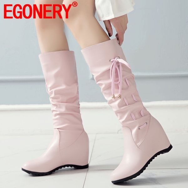 

egonery winter new concise knee high boots outside casual round toe slip-on high heels women shoes drop shipping size 32-43, Black