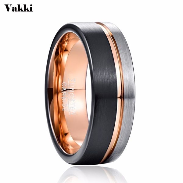 VAKKI Men 8mm Tungsten Ring Black Rose Gold Wedding Band Anello di fidanzamento Gioielli per feste da uomo Bague Homme