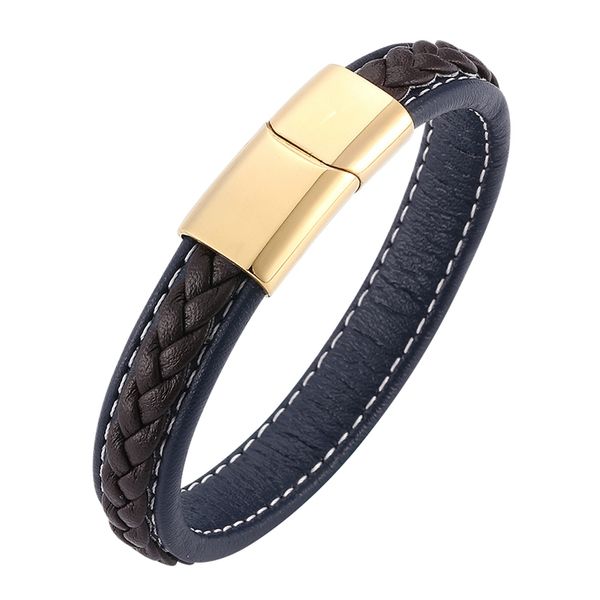 

charm bracelets fashion men accessories brown blue leather wrist bracelet gold stainless steel magnetic clasp punk male wristband sp0211, Golden;silver