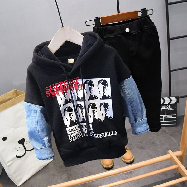

new winter children clothing boys cartoon casual sports thick hoodie, thick pants 2pcs/set infant outfit kids clothes suit 2-6y, White