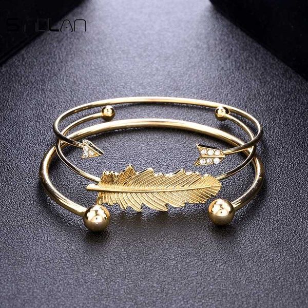 

bangle sindlan bracelet fashion punk jewelry charm crystal arrow simple big leaf feather beads open golden vintage for women, Black
