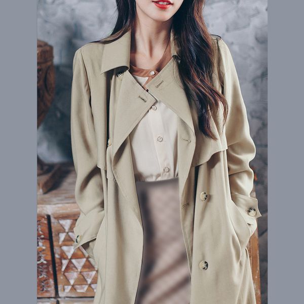 

women's trench coats early autumn khaki coat with sashes 2021 fashion female loose double breasted, Tan;black