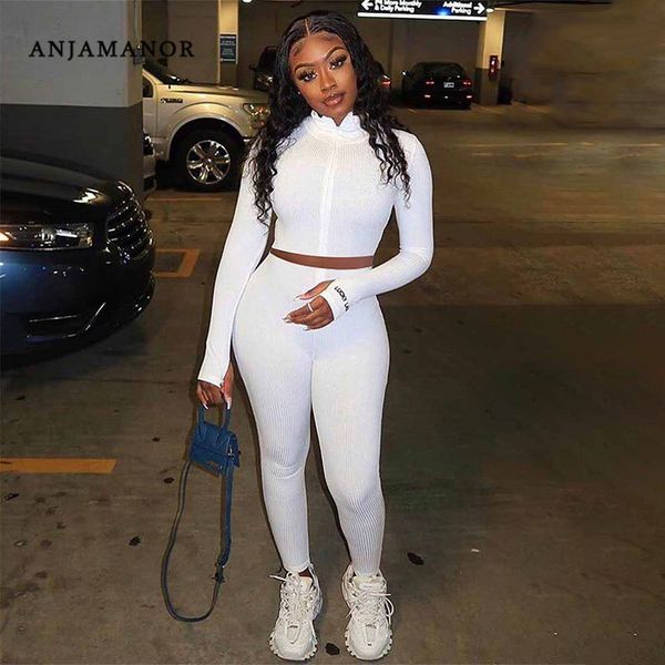 

women's tracksuits anjamanor sporty two piece set lucky label letter embroidery ribbed knit tracksuit fall winter clothes for women d74, Gray