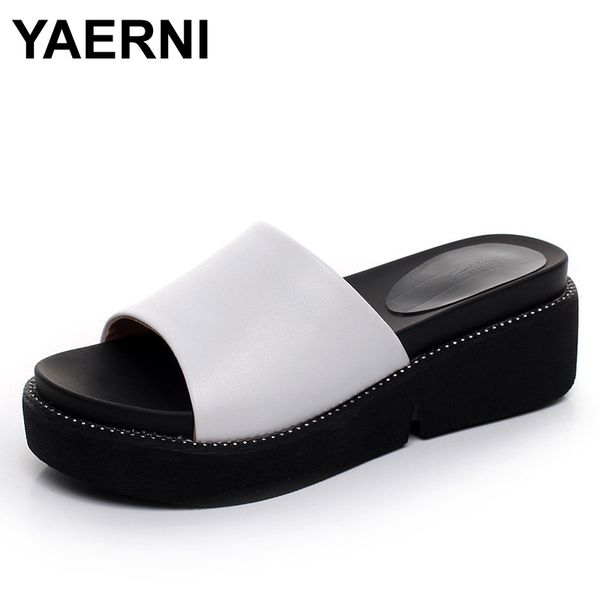 

yaerni women's slides genuine leather summer shoes 2020 women shoes platform wedges slippers outdoor beach slides woman, Black
