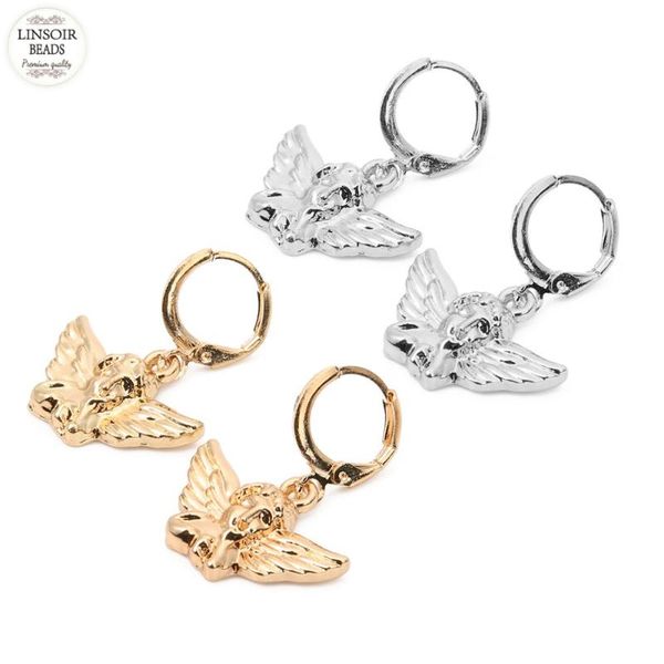 

hoop & huggie linsoir earrings for women rhodium gold color angel portrait pendant hook earring fashion jewelry brincos 2021 bijoux, Golden;silver