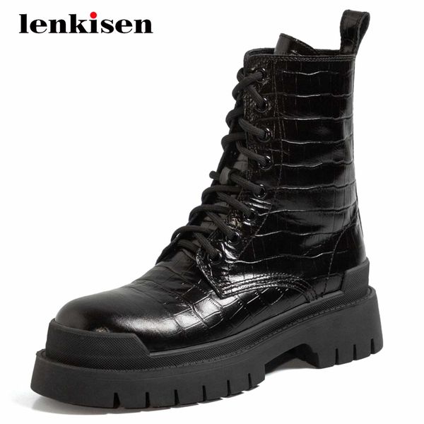 

lenkisen new arrival short boots genuine leather stone pattern round toe thick med heel lace up punk keep warm ankle boots l73, Black