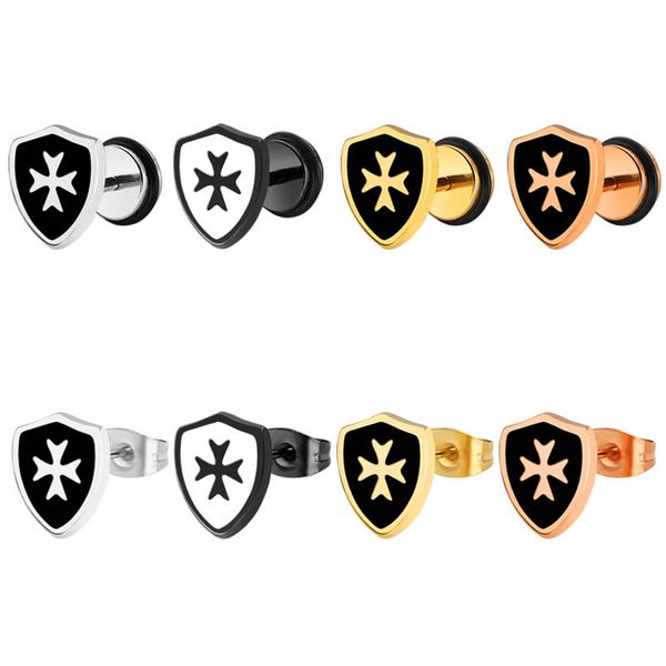 

fashion stainless steel stud earrings shield cross shaped for women men classic male piercing ear jewelry gifts, Golden;silver
