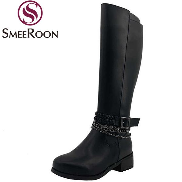 

boots smeeroon big size 34-43 women square heel autumn winter bootc chain buckle knee high, Black