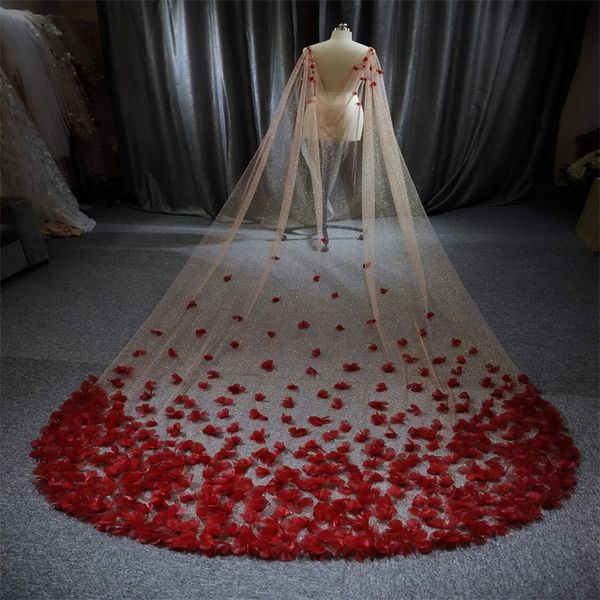 Роскошные красные свадебные фаты Шикарный однослойный цветок с блестками 3-метровые свадебные аксессуары Фата Соборная длина Свадебная фата на заказ