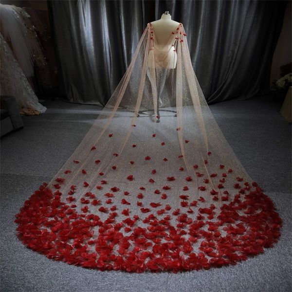 Véus de casamento vermelho luxuoso Chic Uma camada de lantejoulas Flor 3 metros de comprimento Acessórios para noivas Véus Comprimento da catedral Véu de noiva feito sob medida