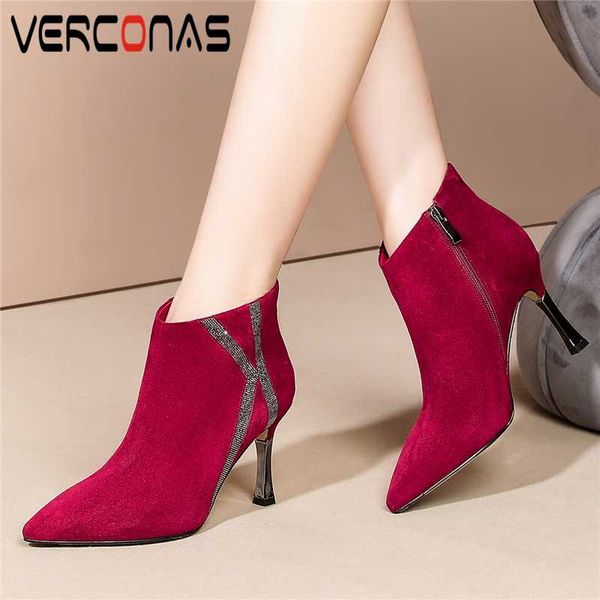 

verconas 2020 women ankle boots autumn winter new rhinestone shoes woman concise elegant kid suede thin heels boots, Black