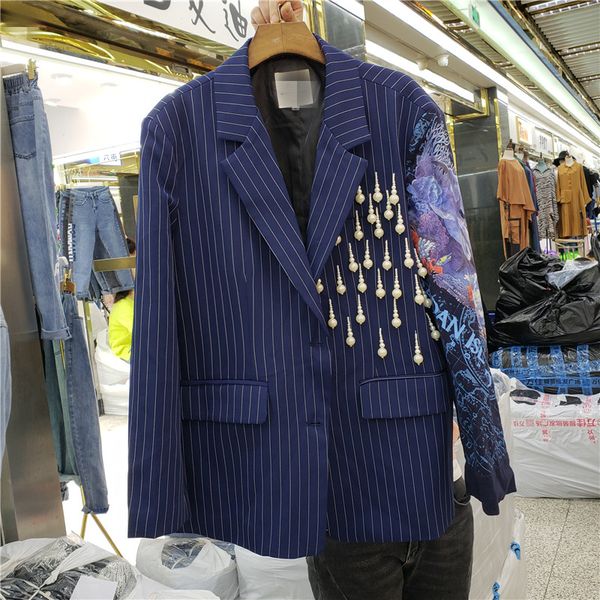 

2020 spring fall new women's, blue suit contrast color stripe beads tassels long sleeve blazer loose elegant casual suits coat, White;black