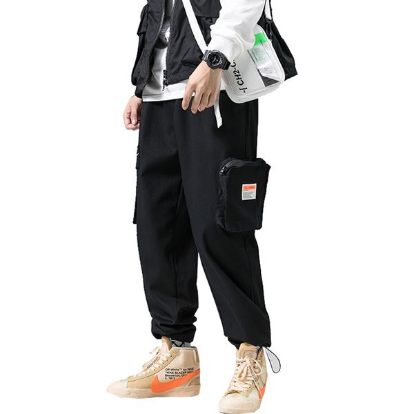

2020 men streetwear pants mens harem pants big pocket cargo trousers casual mens jogger ribbons sweatpants, Black