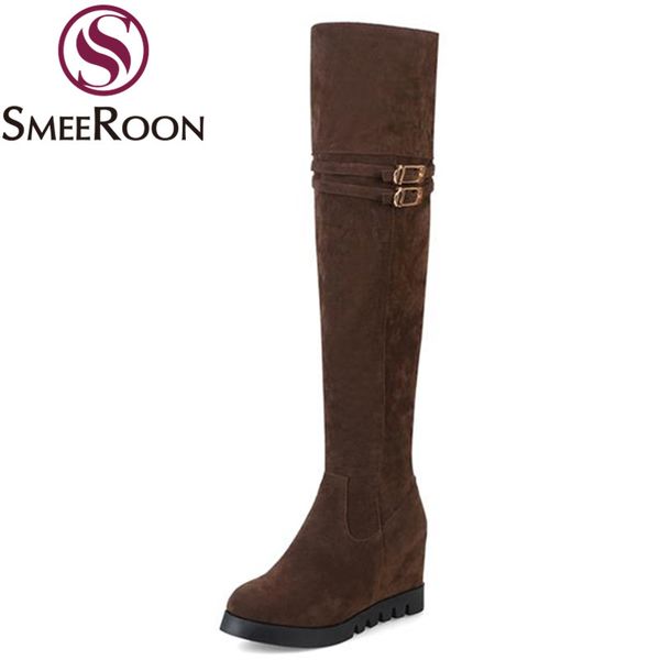 

boots smeeroon thigh high round toe height increasing winter concise quality buckle over the knee woman shoes, Black