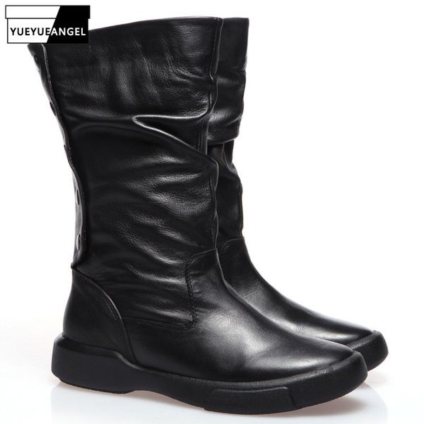 

boots autumn winter genuine leather womens wedges fashion rear buckle pleated round toe casual female mid, Black