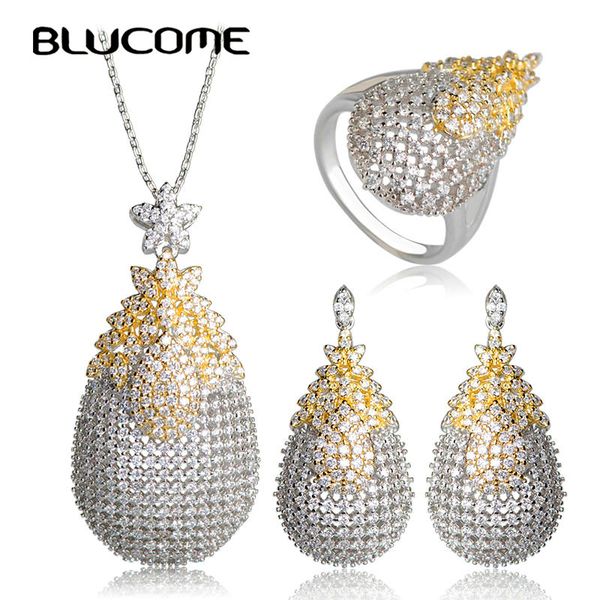 

blucome new arrival wedding jewelry sets cubic zircon full rhinestones copper pendant necklace earrings ring set for women girls, Silver