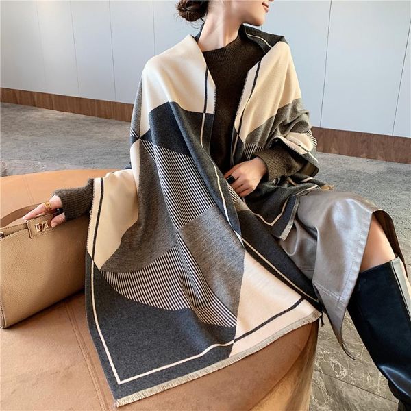 

2020 winter scarf women cashmere warm lady striped scarves female thick blanket soft shawls wraps, Blue;gray