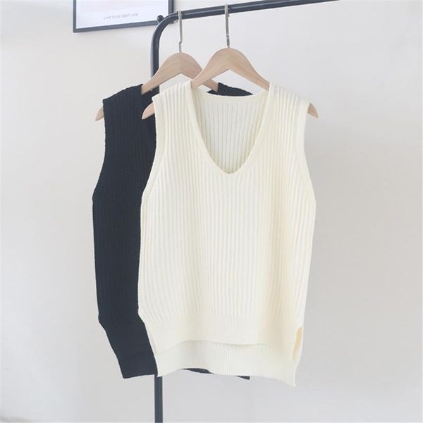 

autumn women sweater waistcoat 2020 korean womens elegant student v-neck pullover knitting outerwear vest pink black, Black;white