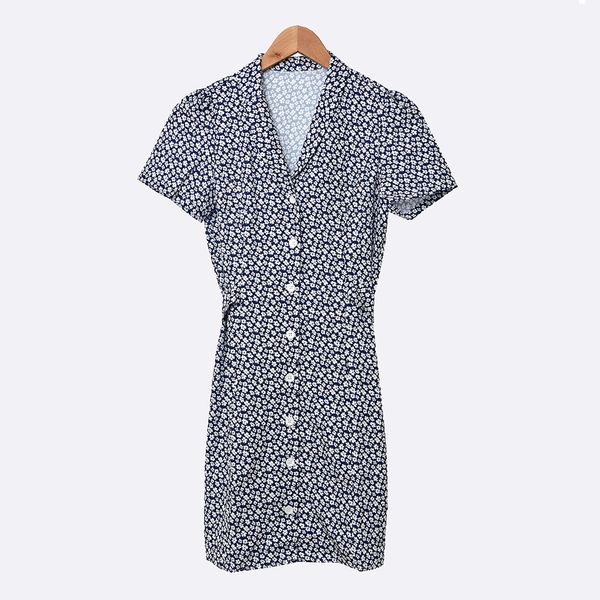 

2020 spring summer short sleeve notched-lapel blue floral print buttons short mini dress women fashion dresses w1815150, Black;gray