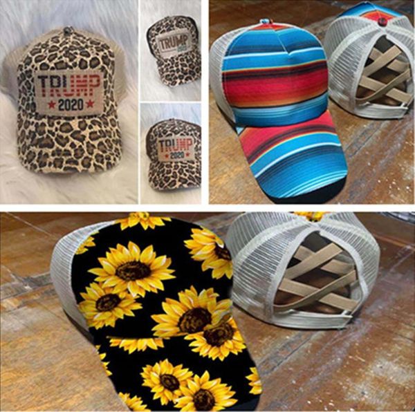 

us stock mesh visors leopard rainbow striped sunflower party hip hop hats 2020 trump 2020 ponytail hat baseball ball caps adjustable snapbac