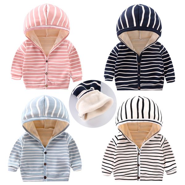 

baby spring autumn striped hoodies sweatshirts cardigan button velvet lining clothes newborn infant baby girls boys long sleeves coat, Black