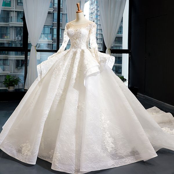 

gorgeous long sleeve ball gown wedding dresses alibaba china vestido de noiva beading appliques lace bridal gowns chapel train, Blue;red