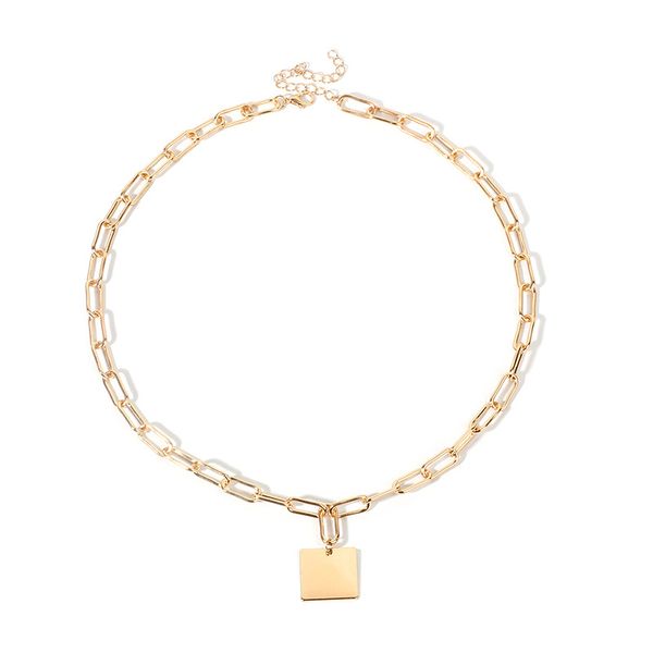 

luokey bohemian square pendant necklace fashion wide chains dangle women necklaces simple hip hop jewelry wholesale colier femme, Silver