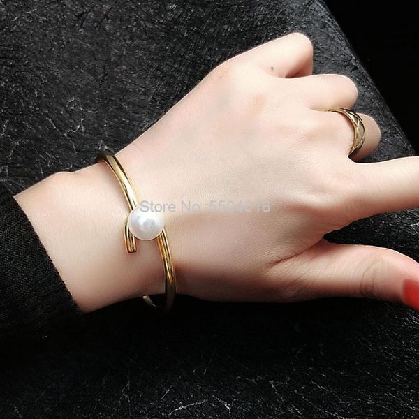 

special-shaped titanium stainless steel love pearl bracelets opening cuff bangles gold women jewelry cool girl lady gifts, Black