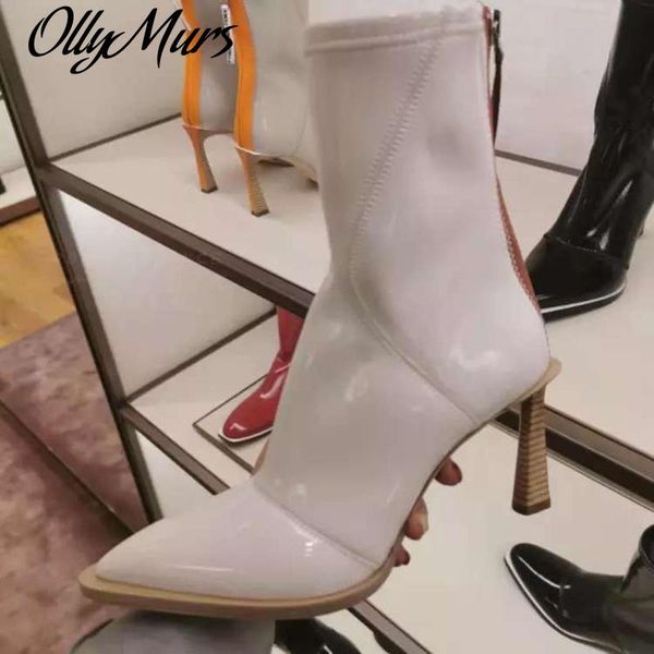 

patent leather boots women booties pointed toe back zip stretch socks ankle boots ladies high heels shoes woman zapatos mujer, Black